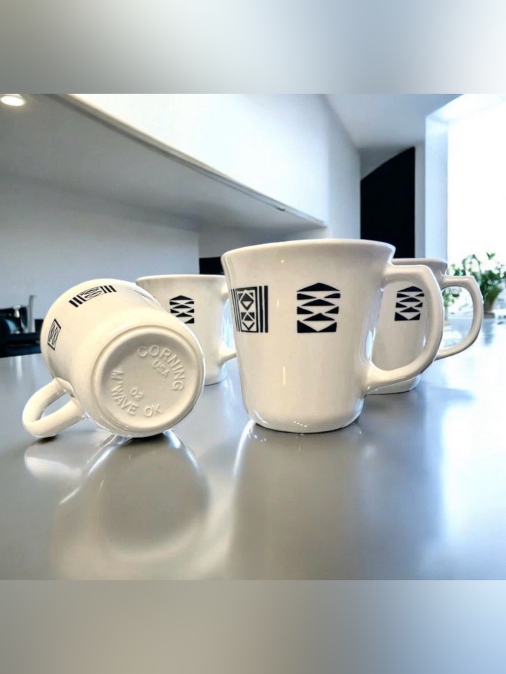 Corning Tribal Spirit Mugs Set 4 Black White Geometric USA Vintage